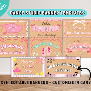 May include: A collection of eight rectangular dance studio banner templates featuring a tan background with pink, white, and blue accents. The designs include text such as it's recital day, let's dance, welcome to our performance, movement dance studio, dance your heart out, it's showtime, happy recital day, and grace academy of dance.