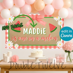 First Birthday Banner Template, One in a Melon Theme Party Printable, Little Girls Birthday Decor Photo Backdrop, Custom Painted Look Banner