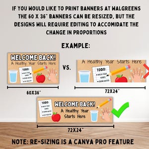 May include: A comparison of banner sizes for printing. The image shows two banners with the text "Welcome Back! A Healthy Year Starts Here." One banner is 152 x 91 cm, and the other is 183 x 61 cm. The image also includes a checklist and illustrations.