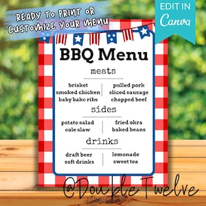Enseigne de menu barbecue dans l'arrière-cour, fête d'été imprimable de la fête du Travail au bar-B-Que, modèle de toile modifiable, menu du 4 juillet vichy bleu, fête de remise des diplômes
