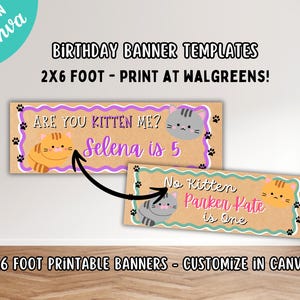 Op de afbeelding: Twee rechthoekige verjaardagsbanners met een kraftpapier achtergrond, voorzien van cartoon kat illustraties, pootafdrukken en golvende randen. De bovenste banner leest 'ARE YOU KITTEN ME? Selena is 5' en de onderste banner leest 'No Kitten Parken Kate is One'.