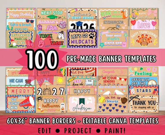 Project & Paint Banner Mockups, 100 Hand Painted Banner Templates | Digital Download Canva Borders to Trace, Banner Artist Painting Bundle
