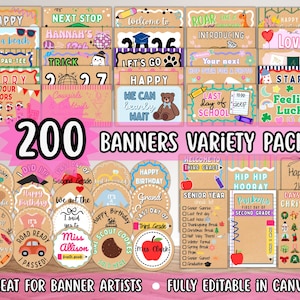 Puede incluir: Una colección de 200 plantillas de pancartas imprimibles con diversos temas, incluyendo cumpleaños, eventos escolares, días festivos y celebraciones. Los diseños incorporan texto colorido, ilustraciones de animales, comida e iconos estacionales sobre un fondo beige.