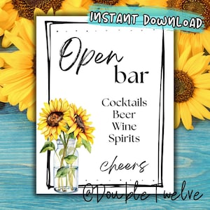 Enseigne imprimable Open Bar, Table de mariage de tournesols pour baby shower, Menu de boissons pour barbecue d'été, PDF à impression instantanée, Brunch à l'heure du cocktail