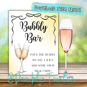 Rose Gold Bubbly Bar Cocktail Signs, Wedding Bridal Baby Shower Table, Summer BBQ Party Drink Menu, Instant Print PDF, Pink Gold Bows Brunch