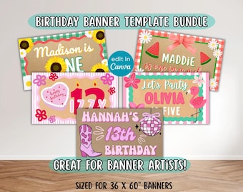 Zestaw banerów urodzinowych dla dziewczynek, baner w melonie, impreza dyskotekowa, cyfrowe szablony Canva, wzory ramek i obramowań, makiety ręcznie malowanych znaków na imprezę