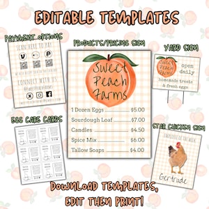 May include: A set of editable templates with a peach theme. Includes signs for payment options, product pricing, a yard sign, egg care cards, and a star chicken sign. The signs feature peach illustrations and text.