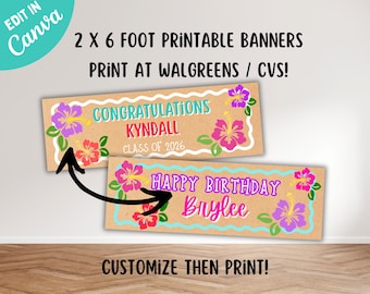 May include: Two rectangular banners with a kraft paper background, featuring hibiscus flowers in pink, purple, and red. One banner reads CONGRATULATIONS KYNDALL CLASS OF 2026, and the other reads HAPPY BIRTHDAY Brylee, both with wavy blue borders.