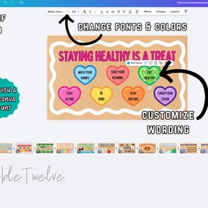 May include: A digital design with the text "STAYING HEALTHY IS A TREAT" and colourful heart-shaped icons with health tips. The design includes options to resize, change fonts and colours, and customise wording. The design is available with a free Canva account.