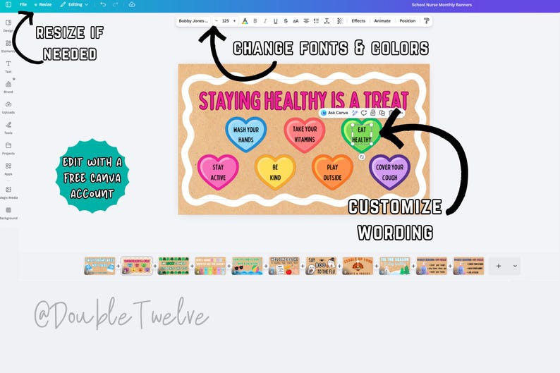 May include: A digital design with the text "STAYING HEALTHY IS A TREAT" and colourful heart-shaped icons with health tips. The design includes options to resize, change fonts and colours, and customise wording. The design is available with a free Canva account.