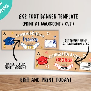 Custom Graduation Banner Template, Print at Walgreens or CVS, Editable Canva Graduation Signs. 2x6 Printable Banner Graduation Party Decor