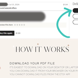 以下が含まれることがあります： Etsyの注文確認ページのスクリーンショット。ページには「配達済み」ステータス、「ファイルをダウンロード」ボタン、およびPDFファイルのダウンロードに関する手順が記載された「仕組み」というセクションが含まれています。