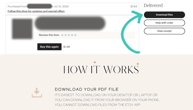以下が含まれることがあります： Etsyの注文確認ページのスクリーンショット。ページには「配達済み」ステータス、「ファイルをダウンロード」ボタン、およびPDFファイルのダウンロードに関する手順が記載された「仕組み」というセクションが含まれています。