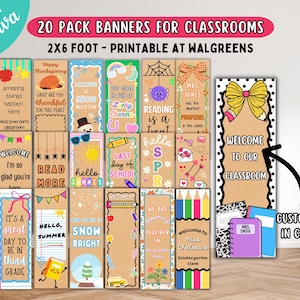 May include: A collection of twenty vertical classroom banners featuring various colorful designs, educational themes, and text such as Welcome to our classroom, Hello Summer, and Reading is a treat, with a 2x6 foot size indicated in the header.