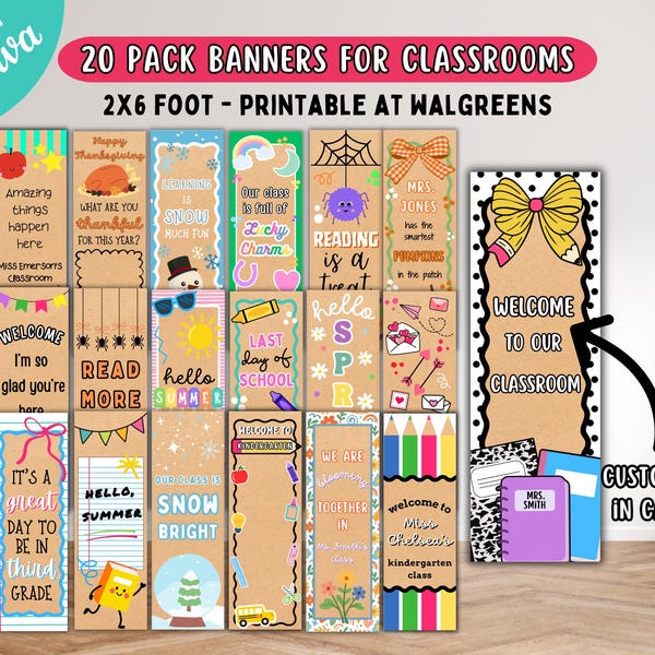 20 Door Banners for Teachers, 2x6 Foot Printable at Walgreens, Classroom Decor Back to School/Christmas/Halloween Banner, Holiday Door Signs