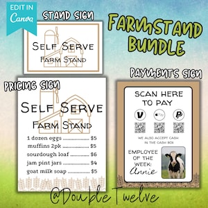 Könnte beinhalten: Ein Set von Schildern für einen Bauernstand, mit den Texten "Farm Stand Bundle", "Stand Sign", "Pricing Sign" und "Payments Sign". Das Preisschild listet Artikel wie Eier und Seife auf.