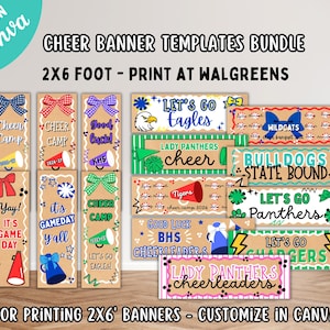 May include: A collection of digital cheer banner templates featuring various designs with bows, megaphones, and text like Let's Go Eagles, Lady Panthers, and Bulldogs State Bound. The templates are sized for 2x6 foot prints and are editable in Canva.