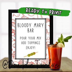 Znak na koktajle w barze Bloody Mary, menu na brunch i lunch w ogrodzie, impreza z okazji wieczoru panieńskiego, grill, gotowy do wydruku, natychmiastowe cyfrowe pobranie pliku PDF