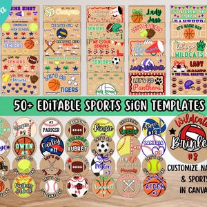 Peut inclure: Collection de modèles de panneaux sportifs modifiables dans Canva. L'image présente des panneaux rectangulaires avec des graphiques et du texte sur le thème du sport, ainsi que des panneaux circulaires pour personnaliser les noms et les sports. Les panneaux incluent divers sports comme le basket-ball, le football et le baseball.