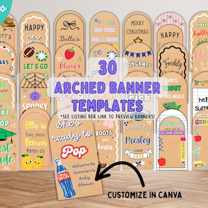 Puede incluir: Un conjunto de 30 plantillas de banners arqueados con diversos diseños, incluyendo textos como "Happy" y "Merry Christmas". Las plantillas están sobre un fondo marrón, con ilustraciones y texto coloridos, para personalización.