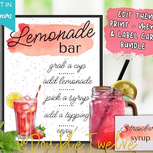 Menu i etykiety baru z lemoniadą, stół z napojami na letnie imprezy z grillem, brunch na weselnym przyjęciu w ogrodzie, edytowalny szablon Canva, mobilny wózek z napojami