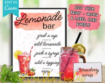 Lemonade Bar Menu and Label Cards, Summer BBQ Event Drink Table, Wedding Garden Party Brunch, Editable Canva Template, Mobile Drink Cart