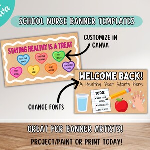 May include: School nurse banner templates with the text "Staying Healthy Is A Treat" and "Welcome Back! A Healthy Year Starts Here". The banners include health tips and are customizable in Canva. Great for banner artists!
