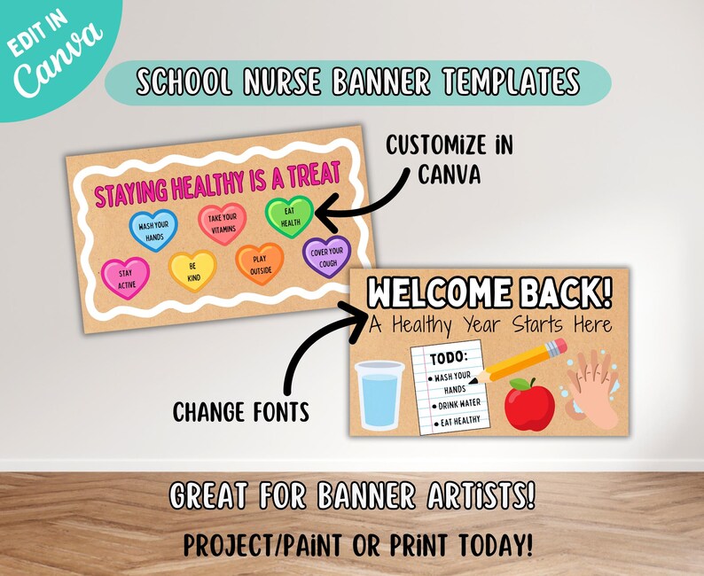 May include: School nurse banner templates with the text "Staying Healthy Is A Treat" and "Welcome Back! A Healthy Year Starts Here". The banners include health tips and are customizable in Canva. Great for banner artists!