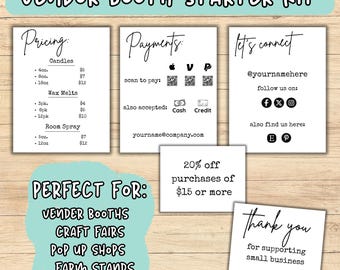 May include: A vendor booth starter kit with pricing, payment, and contact information cards. The kit includes cards for candles, wax melts, and room spray. The kit is perfect for vendor booths, craft fairs, pop-up shops, and farm stands.