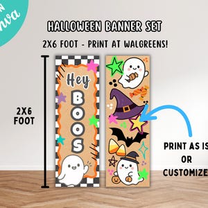 Puede incluir: Un conjunto de pancartas de Halloween que mide 2x6 pies. La pancarta izquierda presenta un borde a cuadros blanco y negro, un centro color canela, el texto "Hey BOOS" y un fantasma blanco. La derecha muestra un fondo canela con un fantasma, sombrero de bruja, murci&eacute;lago y dulces.