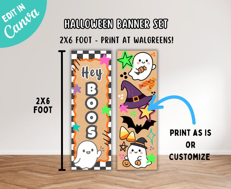 Puede incluir: Un conjunto de pancartas de Halloween que mide 2x6 pies. La pancarta izquierda presenta un borde a cuadros blanco y negro, un centro color canela, el texto "Hey BOOS" y un fantasma blanco. La derecha muestra un fondo canela con un fantasma, sombrero de bruja, murci&eacute;lago y dulces.