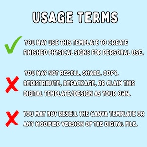 Puede incluir: Un gr&aacute;fico digital azul claro con el t&iacute;tulo USAGE TERMS en negro. Una marca de verificaci&oacute;n verde precede el texto que permite el uso personal para letreros f&iacute;sicos. Dos X rojas preceden el texto que proh&iacute;be la reventa o distribuci&oacute;n.
