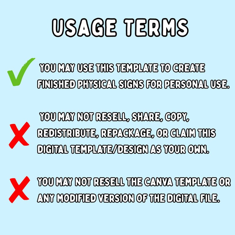 Puede incluir: Un gr&aacute;fico digital azul claro con el t&iacute;tulo USAGE TERMS en negro. Una marca de verificaci&oacute;n verde precede el texto que permite el uso personal para letreros f&iacute;sicos. Dos X rojas preceden el texto que proh&iacute;be la reventa o distribuci&oacute;n.