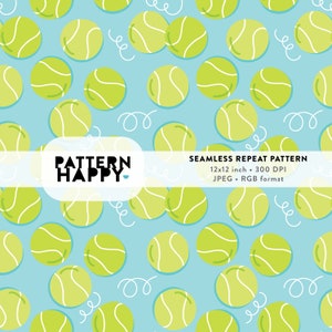 May include: A seamless repeat pattern featuring green and white tennis balls on a light blue background. The pattern includes white squiggly lines. The text "PATTERN HAPPY" is in a white box with a black border.