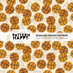 May include: A seamless repeat pattern featuring basketballs in shades of brown and orange, with black lines. The design includes gray swirls on a light beige background. The text "PATTERN HAPPY" and "SEAMLESS REPEAT PATTERN" are also present.