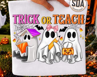 Trick or Teach PNG Teacher Halloween PNG Spooky Neon Doodle Hand Drawn PNG Preppy Bow Messy Occupation Png Girly Trendy Sublimation Design