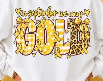 In September We Wear Gold Png, Cancer Coquette Bow Gold Png, Childhood Cancer Awareness Png, Gold Ribbon Png, Together We Fight We Win Bow