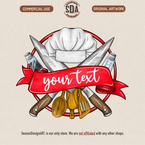 Könnte beinhalten: Kulinarische Illustration mit Kochmütze, gekreuzten Messern und einem roten Banner mit dem Text "your text". Das Design umfasst einen Holzlöffel, eine Teigrolle und einen Pfannenwender. Salz- und Pfefferstreuer sind ebenfalls vorhanden.