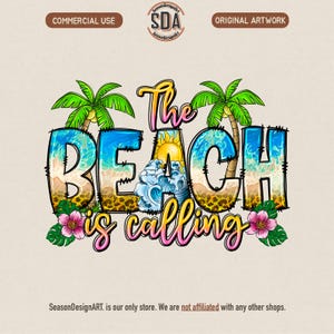 以下が含まれることがあります： 「The BEACH is calling」という言葉が入ったカラフルなグラフィックデザイン。 「BEACH」という単語は、ビーチの風景、ヤシの木、太陽で満たされています。 デザインにはピンクの花と緑の葉が含まれています。