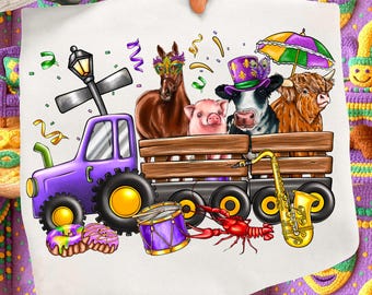 Kids Mardi Gras Cow Sheep Pig png, Farm animals Mardi Gras Sublimation Designs Download, Mardi Gras tractor png, Farmhouse Mardi Gras png