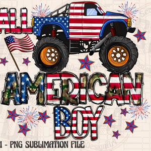 May include: A red, white, and blue monster truck with the words "All American Boy" in a camouflage, red, white, and blue font. The truck is decorated with stars and fireworks.