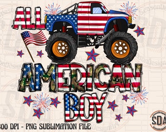 American Boy Monster Truck PNG: 4th of July Sublimation Design