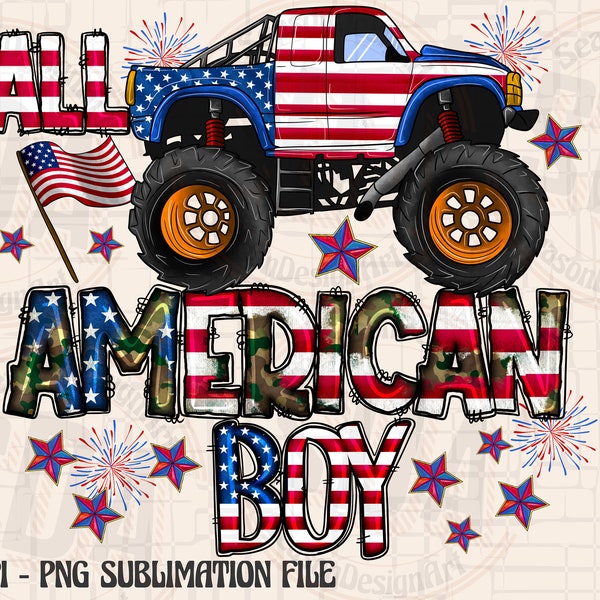 All American Boy Png Sublimation Design, Monster Truck American Flag Png, Happy 4th Of July Png, Camo American Boy Png Downloads