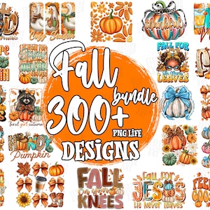 Puede incluir: Un paquete de diseños digitales con más de 300 diseños PNG con temática de otoño. La imagen muestra varios elementos otoñales, incluyendo calabazas, hojas, lazos y superposiciones de texto con frases como "Fall in Love with Jesus" y "Hey There Pumpkin".
