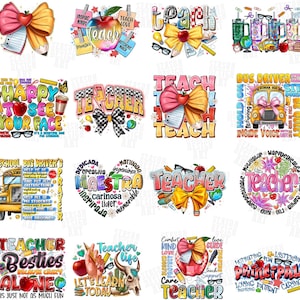 May include: A collection of colorful teacher-themed designs. Each design features elements like apples, pencils, bows, and text such as "Teach," "Teacher," and "Happy to See Your Face." The designs are suitable for various craft projects.