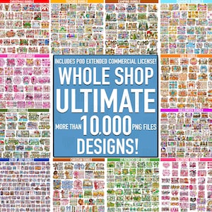 May include: A digital collection of over 10,000 PNG design files organised into themed bundles including Christmas, teacher, camping, summer, breast cancer, autumn, fishing, Halloween, 4th of July, Christian, St Patrick's Day, and Valentine's Day themes.