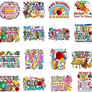 May include: A collection of colorful school-themed designs with text. Designs include phrases like "Art Teacher," "Best Teacher Ever," and "Welcome Back to School." Images include pencils, apples, and books.