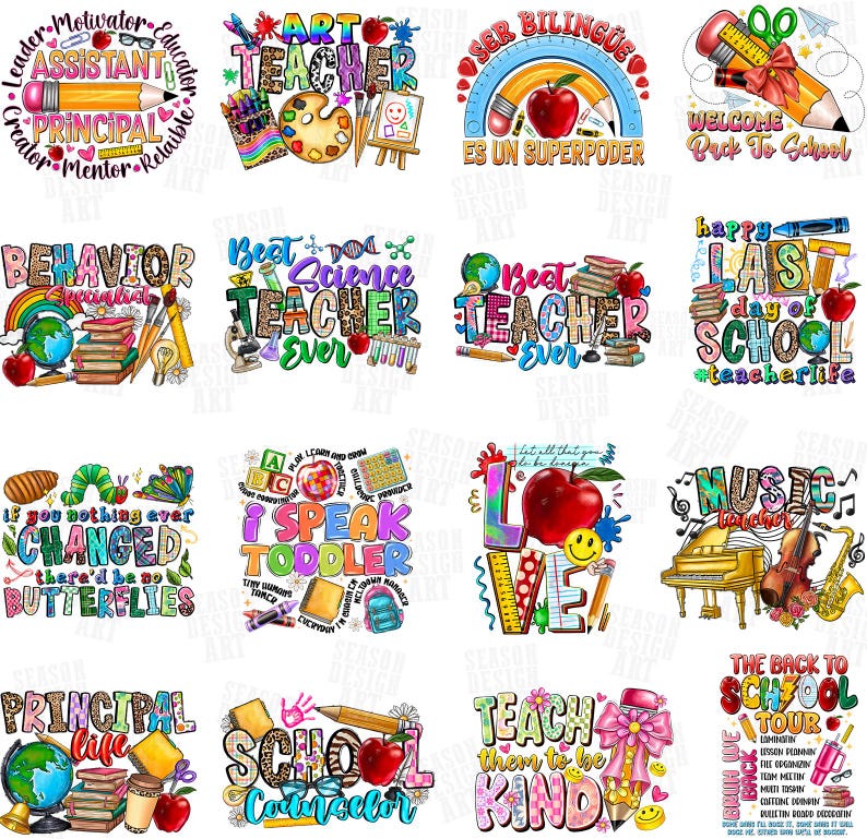 May include: A collection of colorful school-themed designs with text. Designs include phrases like "Art Teacher," "Best Teacher Ever," and "Welcome Back to School." Images include pencils, apples, and books.