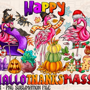 May include: A digital illustration featuring three pink flamingos adorned with various festive accessories. The flamingos are surrounded by pumpkins, a cauldron, and other seasonal decorations. The text "Happy HalloThanksMass" is displayed in large, colourful letters at the top of the image.