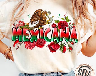 May include: A white t-shirt with a colorful graphic design featuring the word "MEXICANA" in a red, green, and white gradient. The graphic also includes a stylized eagle with a snake, a sombrero, and red roses.
